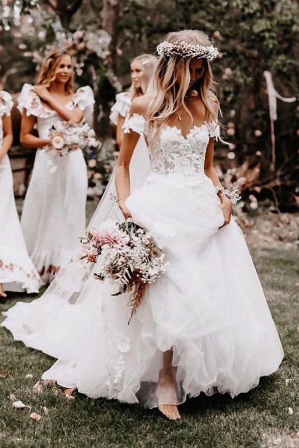 Off the Shoulder Ball Gown White Tulle Wedding Dresses with Applique (ZD16237)