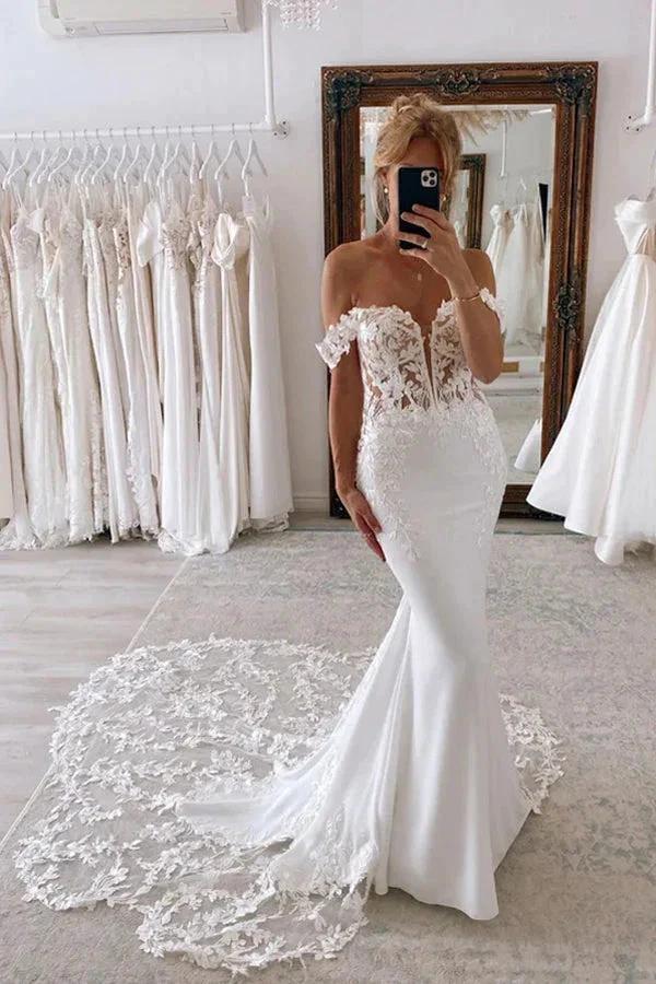 Off the Shoulder Mermaid Bridal Gown with Scalloped Lace Train Wedding Dress (ZD16178)