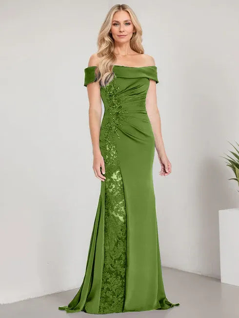 A-Line Off the Shoulder Floor-Length Mother of the Bride Dress Applique Beadings Mermaid Dress With High Split