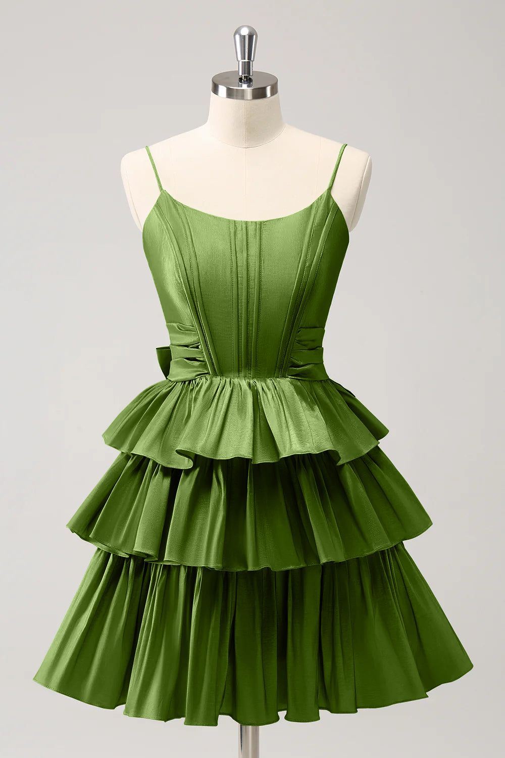A Line Spaghetti Straps Corset Tiered Ruffle Homecoming Dress with Bow