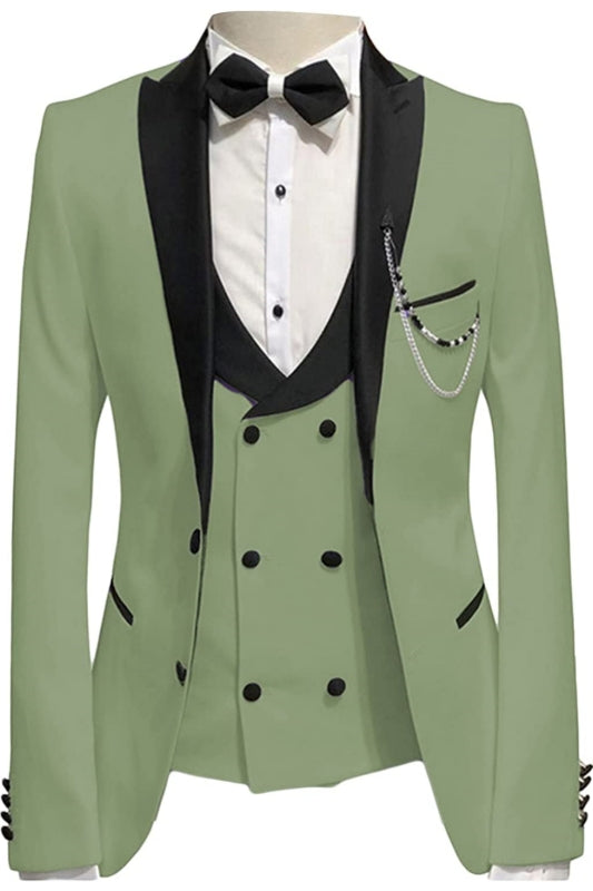 Olive Green Three Piece Peaked Lapel Prom Suit