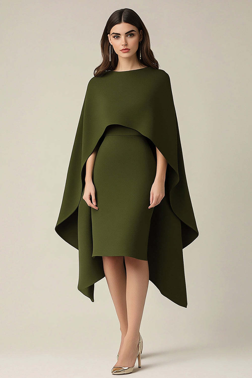 Olive Wedding Guest Dress Scoop Sheath Formal Dress With Shawl