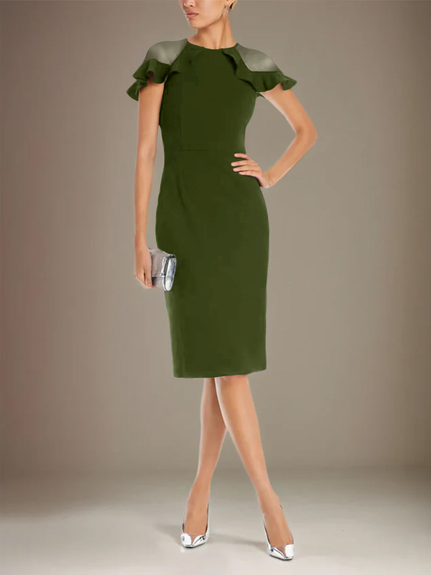 Sheath/Column Stretch Crepe Scoop Short Sleeves Knee Length Dress