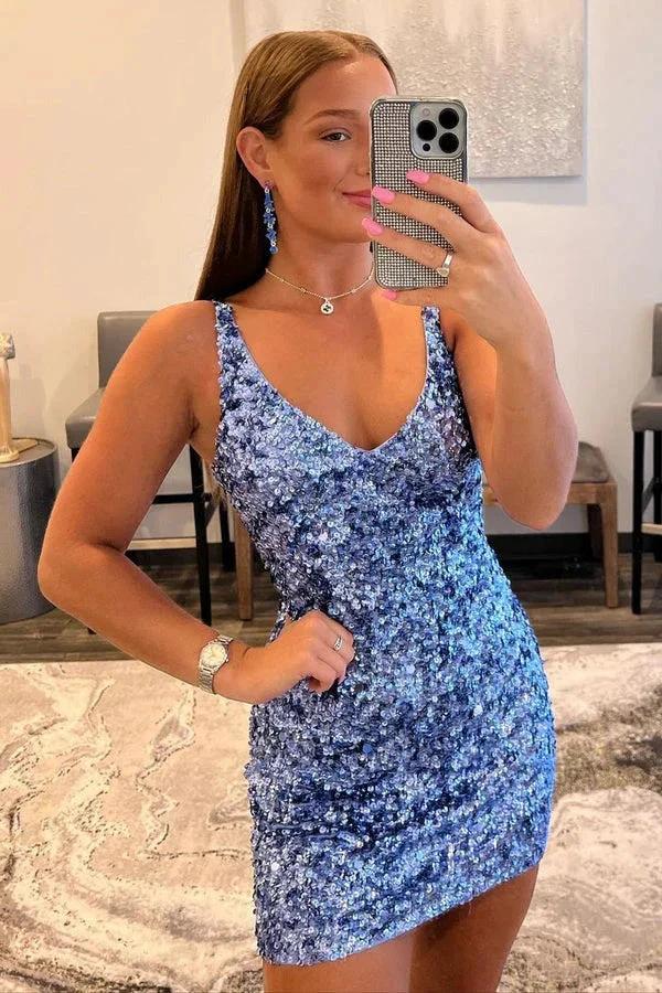 Chic V Neck Open Back Sequins Short Homecoming Dresses by Ombreprom