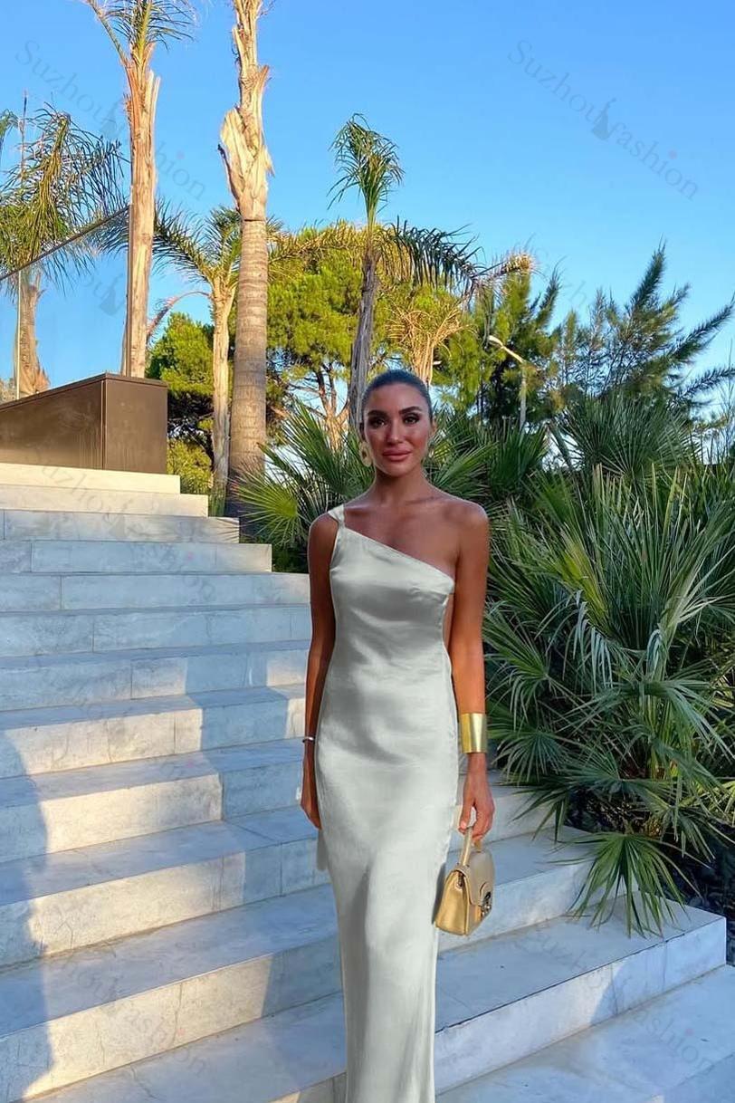 One Shoulder Backless Sleeveless Long Evening Formal Dress With Pleated