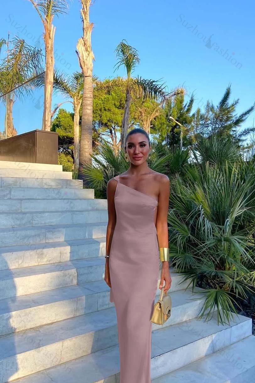 One Shoulder Backless Sleeveless Long Evening Formal Dress With Pleated