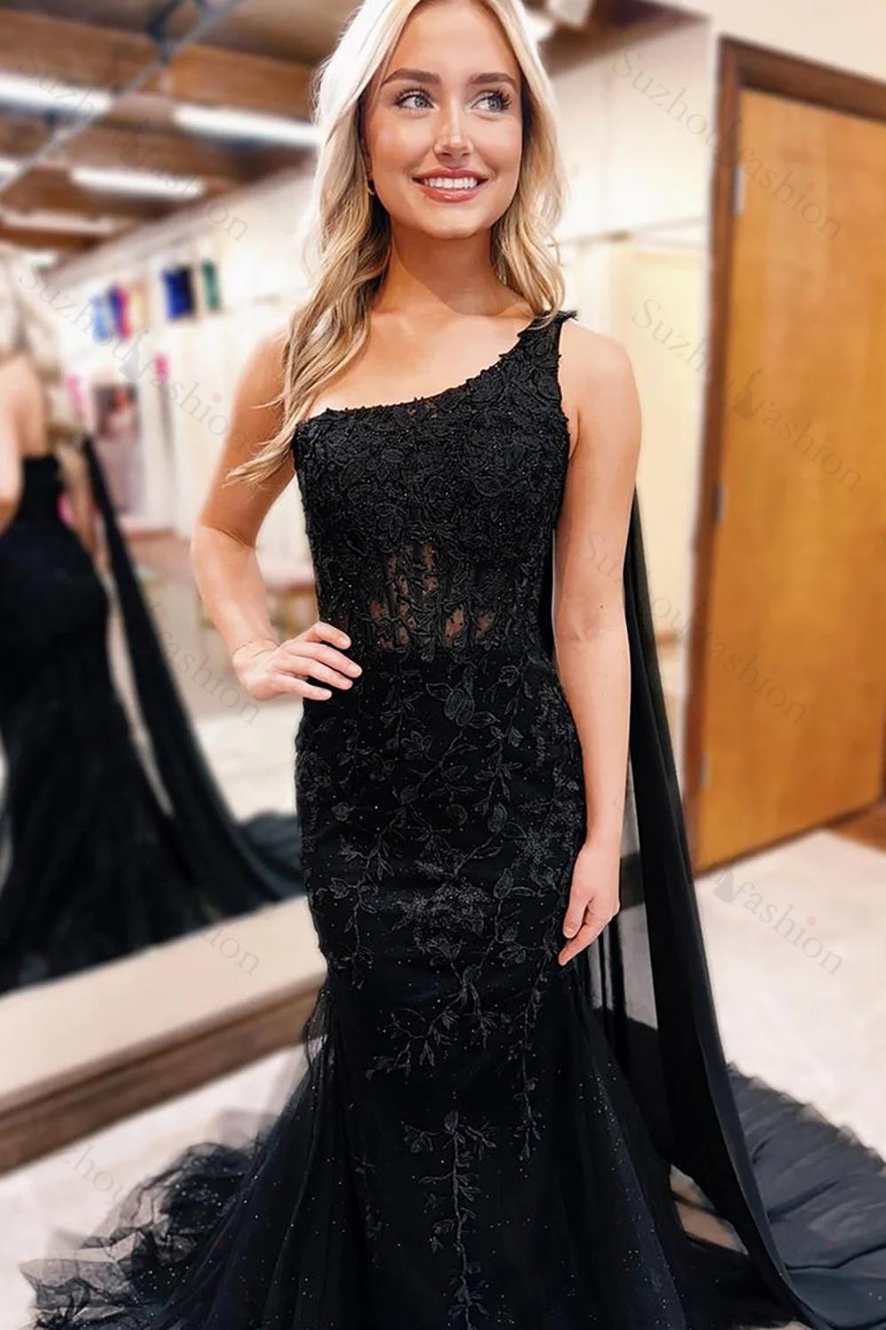 One Shoulder Black Prom Dress Tulle Cape Long Corset Formal Dress With Lace