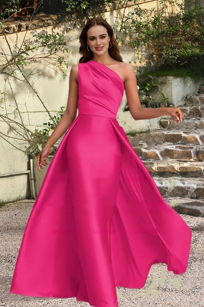 One Shoulder Bridesmaid Dress Fuchsia Wedding Guest Dress with Panel Train