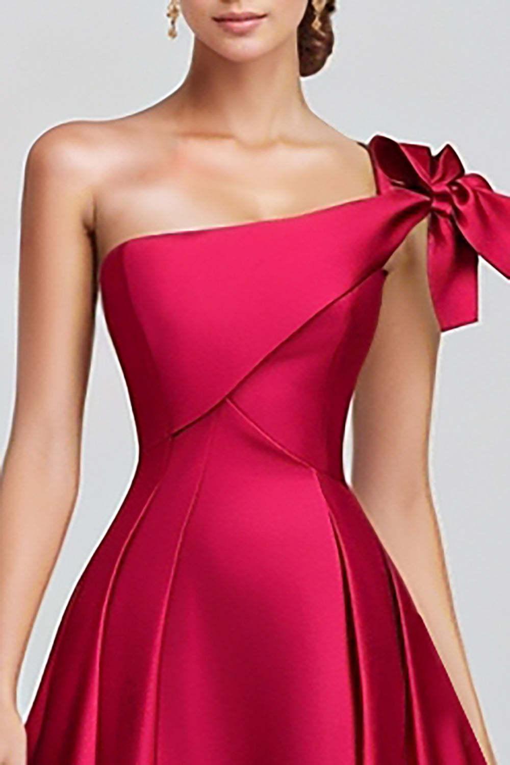 One Shoulder Fuchsia Wedding Guest Dress A Line Satin Long Formal Dress Bow