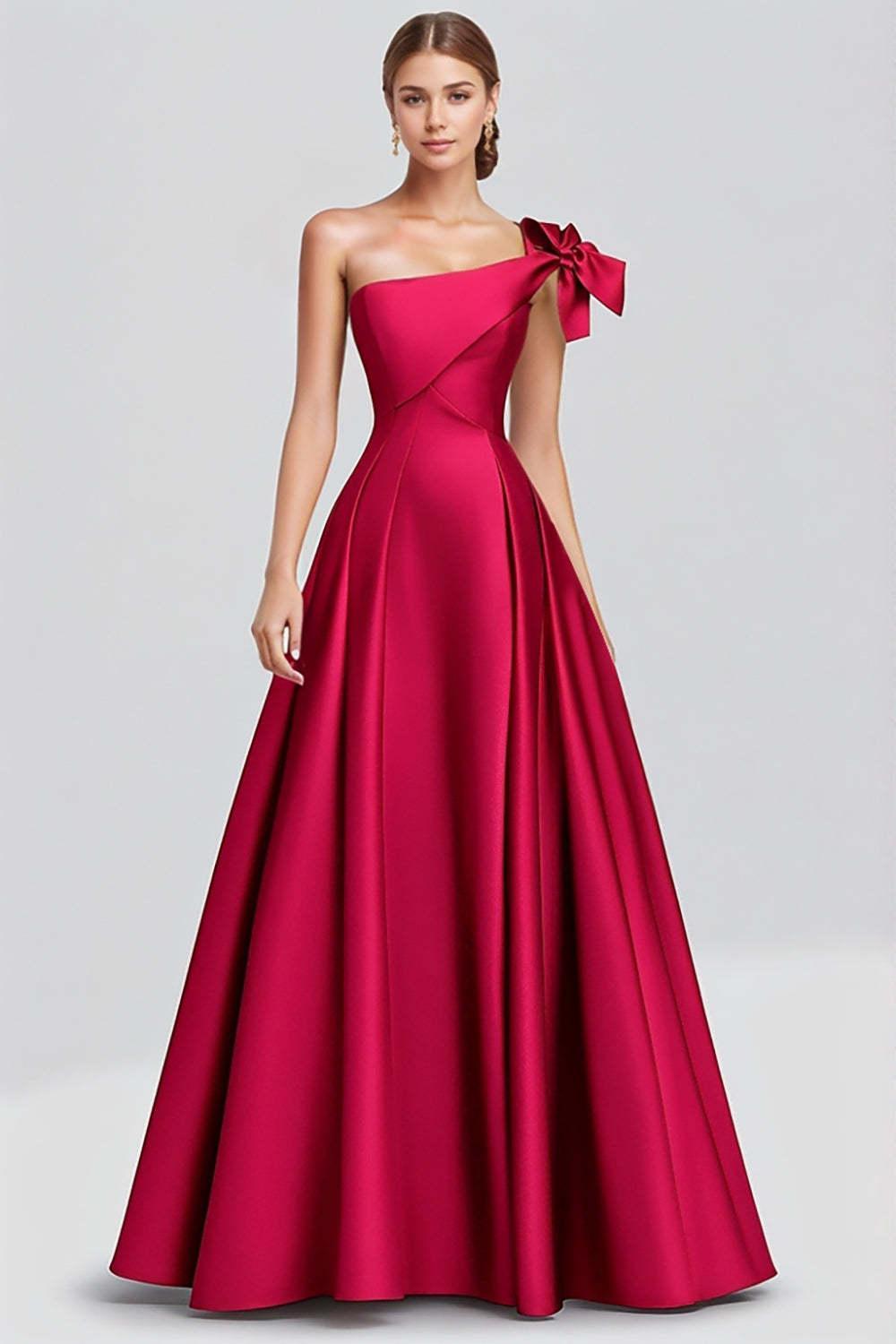 One Shoulder Fuchsia Wedding Guest Dress A Line Satin Long Formal Dress Bow