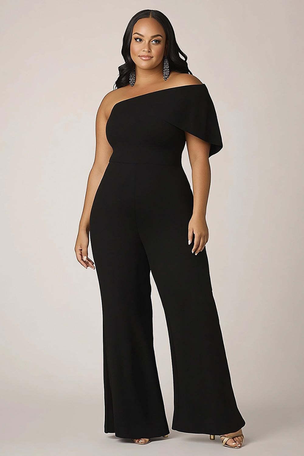 One Shoulder Plus Size Black Wedding Guest Dress Long Formal Jumpsuit