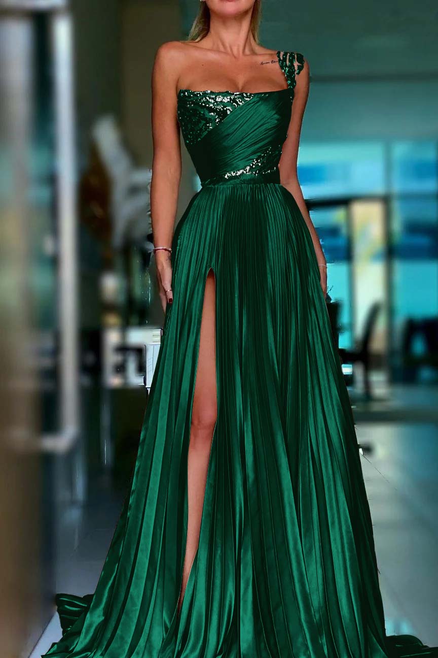 One Shoulder Prom Dress Gold Sequined Sleeveless Long Evening Formal Dress With High Split
