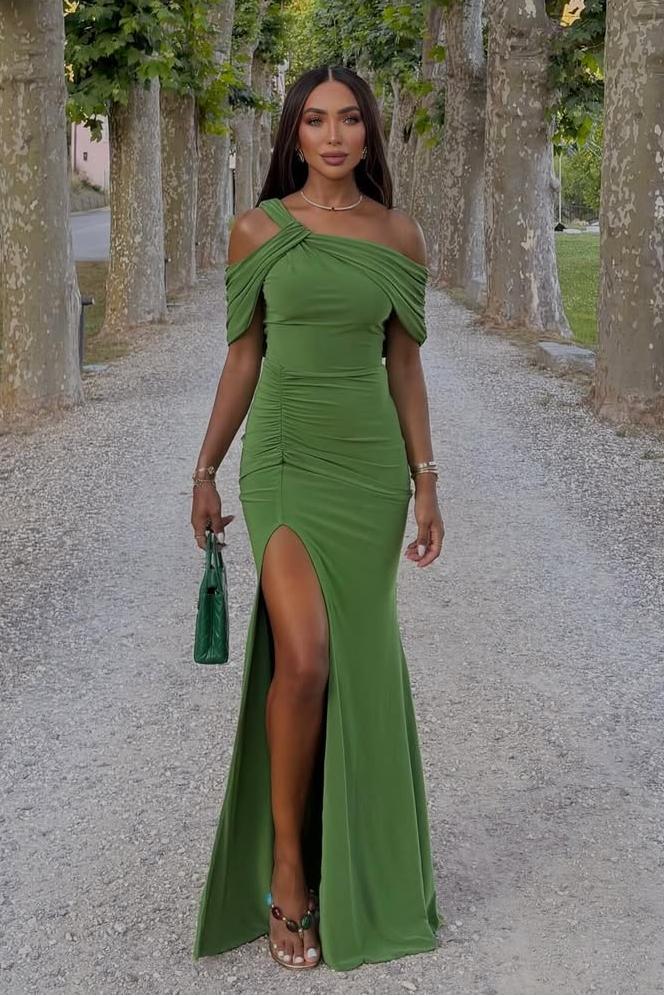 One Shoulder Sleeveless Long Mermaid Evening Formal Dress With Split Pleated