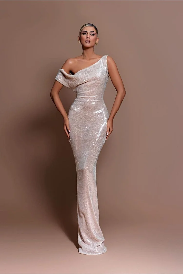 One-Shoulder Unique Neckline Cap Sleeves Floor-Length Mermaid Prom Dresses