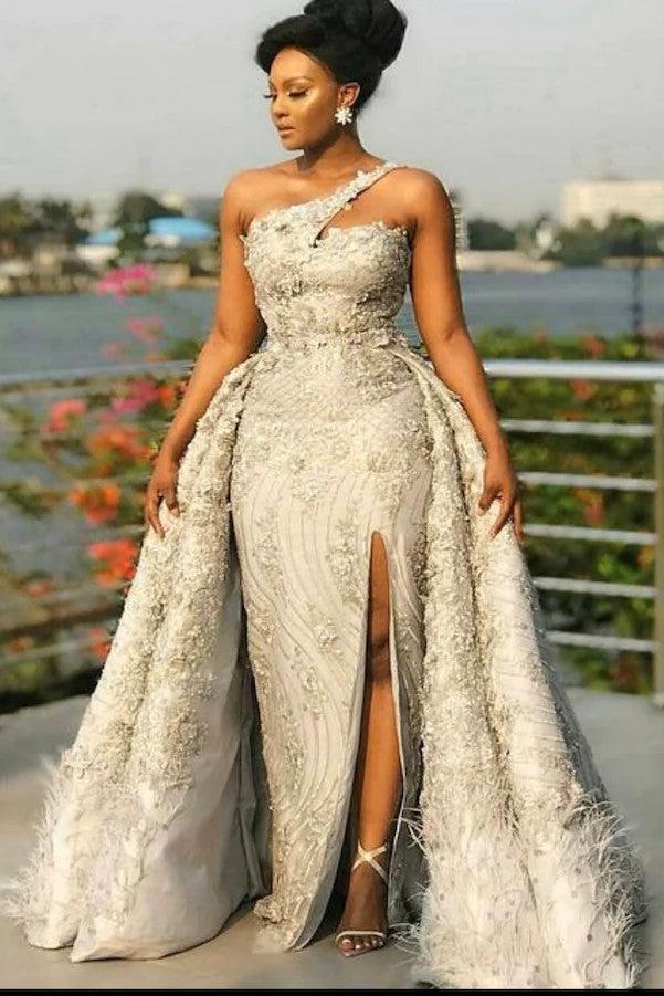 One Shoulder Wedding Dress Lace Formal Dress with Detachable Train