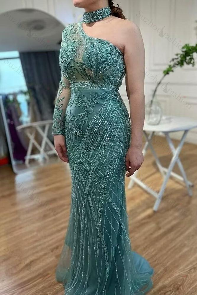 One shoulder Long Sleeve Champagne Bead Embroidery Evening Formal Dress