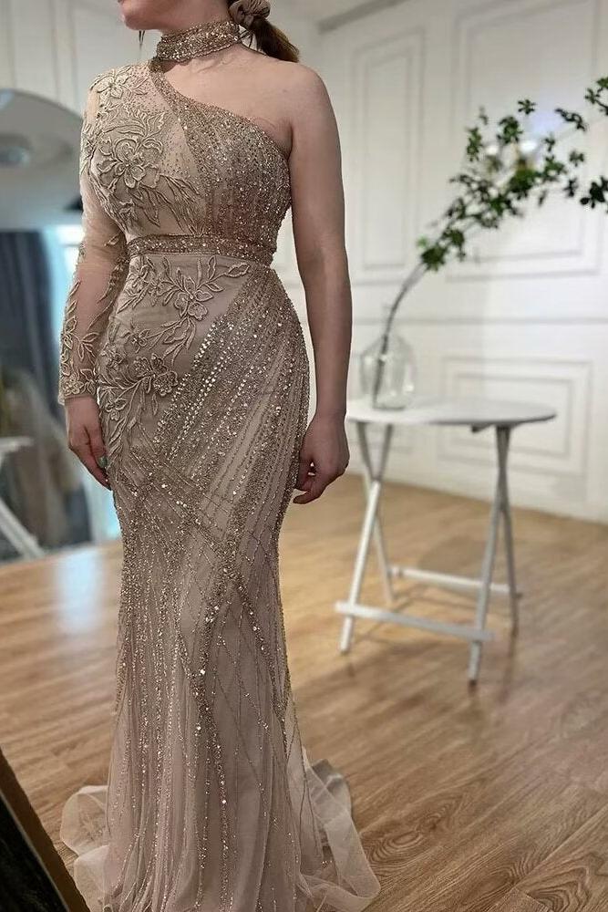 One shoulder Long Sleeve Champagne Bead Embroidery Evening Formal Dress