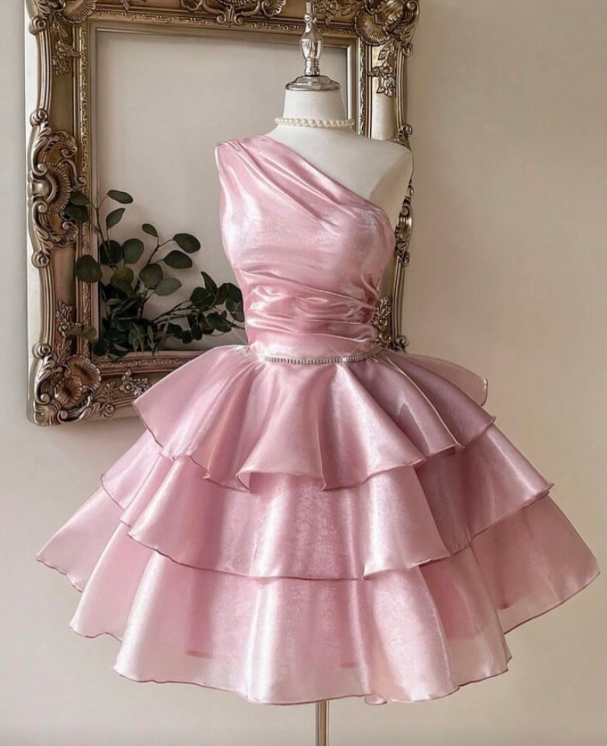 One Shoulder A Line Layered Pink Homecoming Dress J11354
