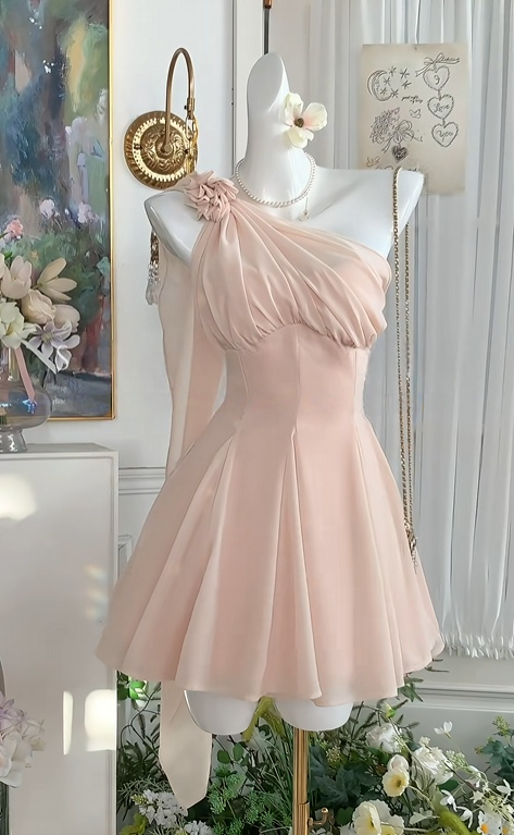 One-Shoulder A-Line Pink Chiffon Homecoming Dress