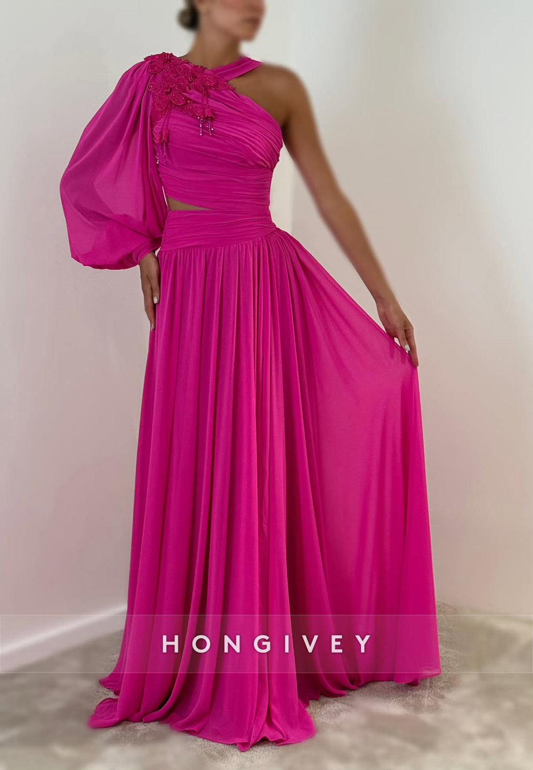 A-line Floor-Length Asymmetrical Neck Satin Formal Dresses