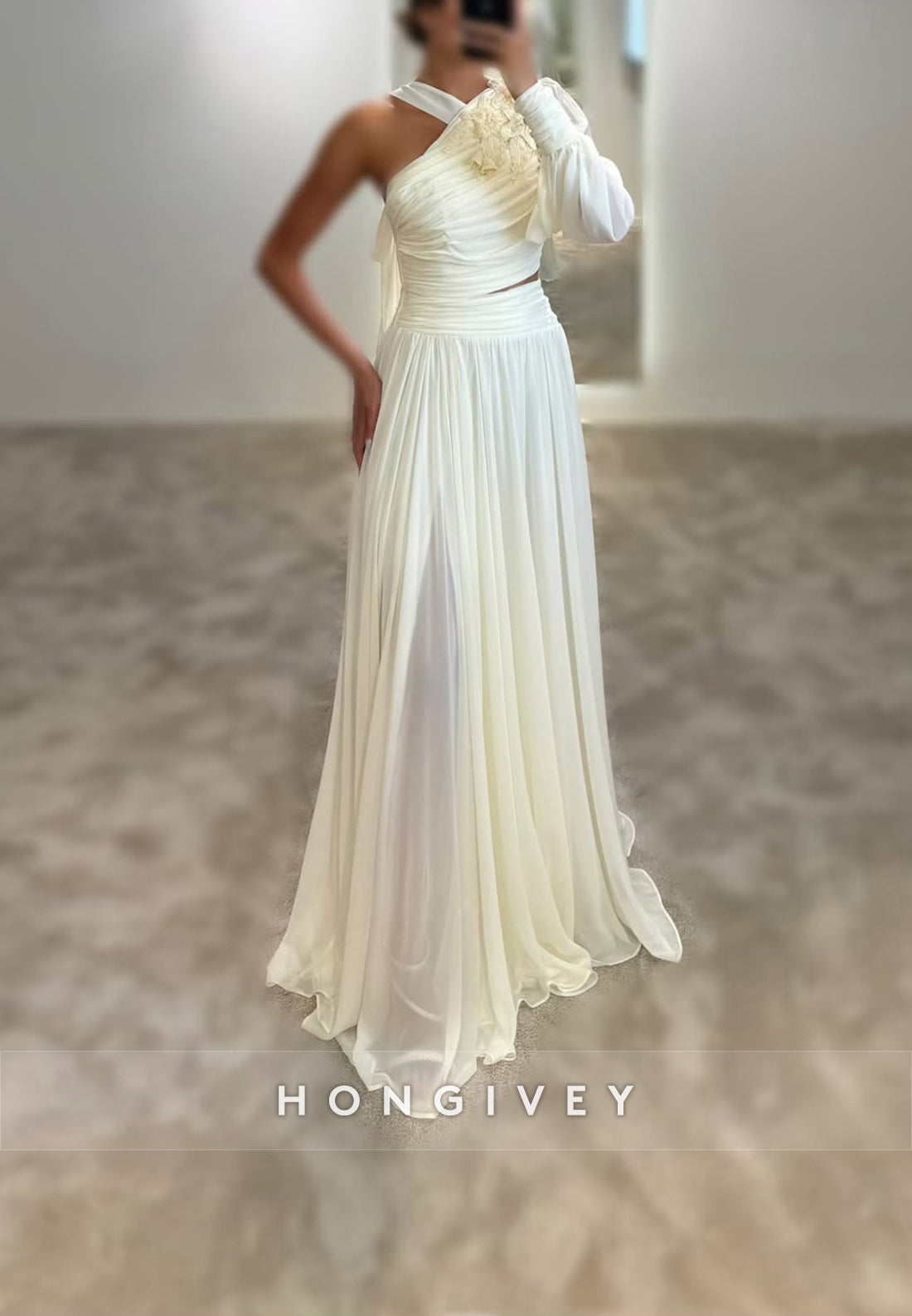 A-line Floor-Length Asymmetrical Neck Satin Formal Dresses