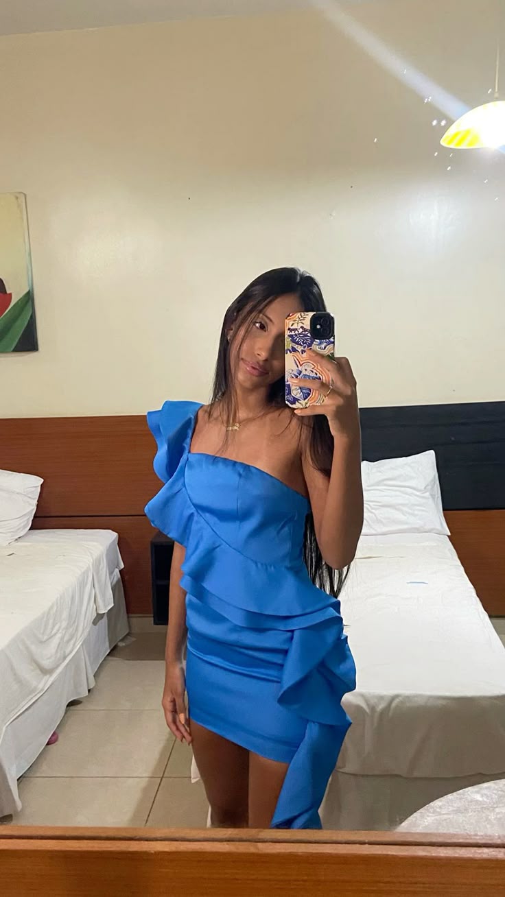 One Shoulder Blue Ruffled Homecoming Dress Cocktail Dress J11088