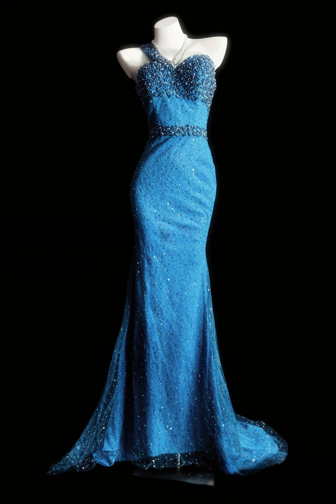 One-Shoulder Blue Sequins Mermaid Prom Dress Beaded Evening Dress