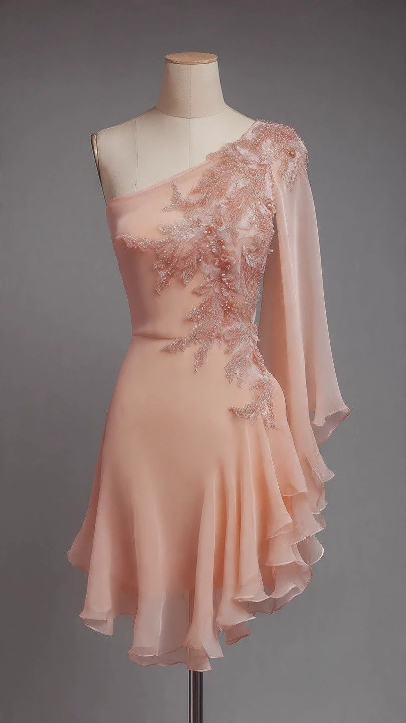 One-Shoulder Chiffon Homecoming Dress Beaded Appliques Short Birthday Dress
