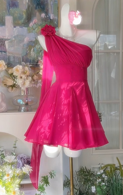 One-Shoulder Hot Pink Short Homecoming Dress