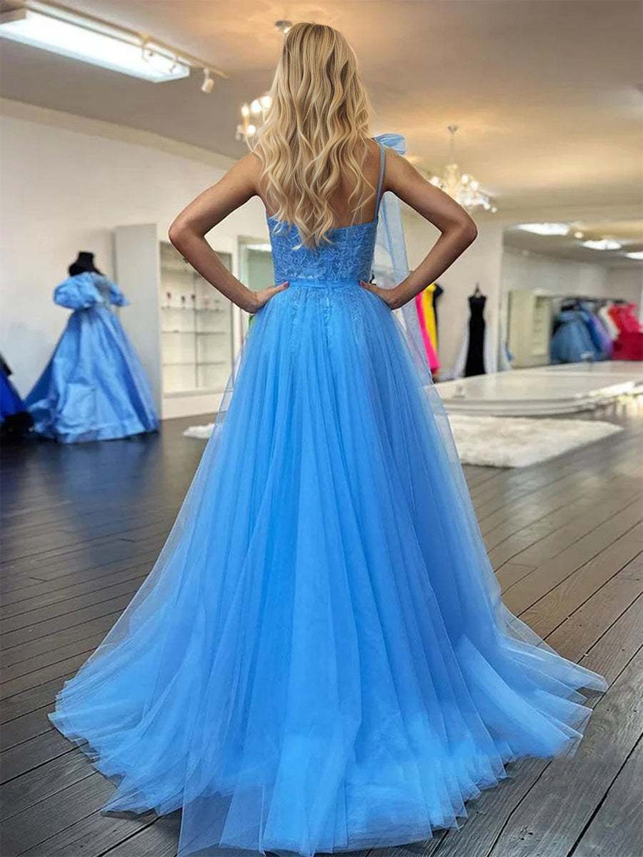One-Shoulder Lace Ruched A-Line Tulle Prom Dress with Bow - View 2 | FashionDia