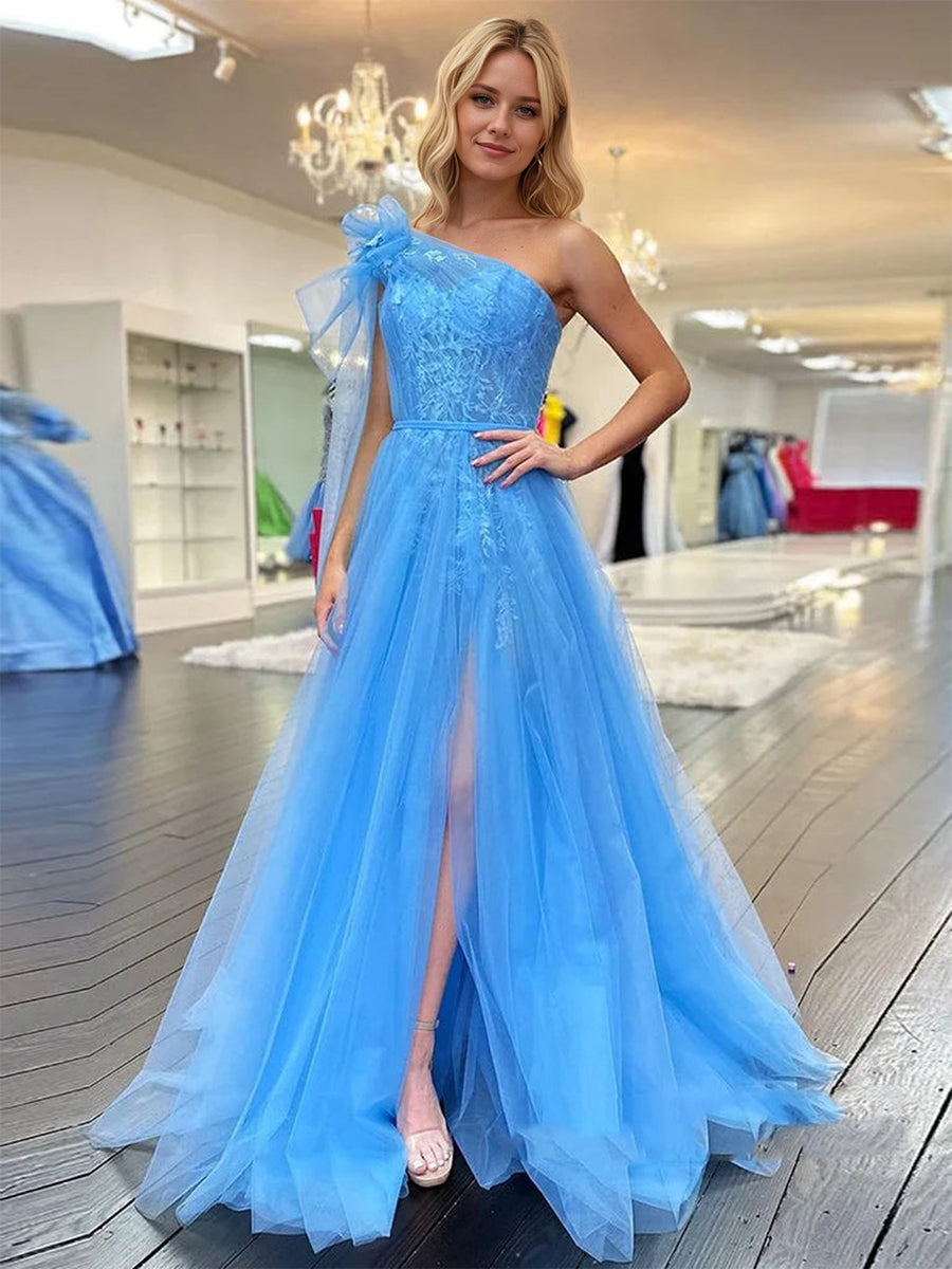 One-Shoulder Lace Ruched A-Line Tulle Prom Dress with Bow - FashionDia