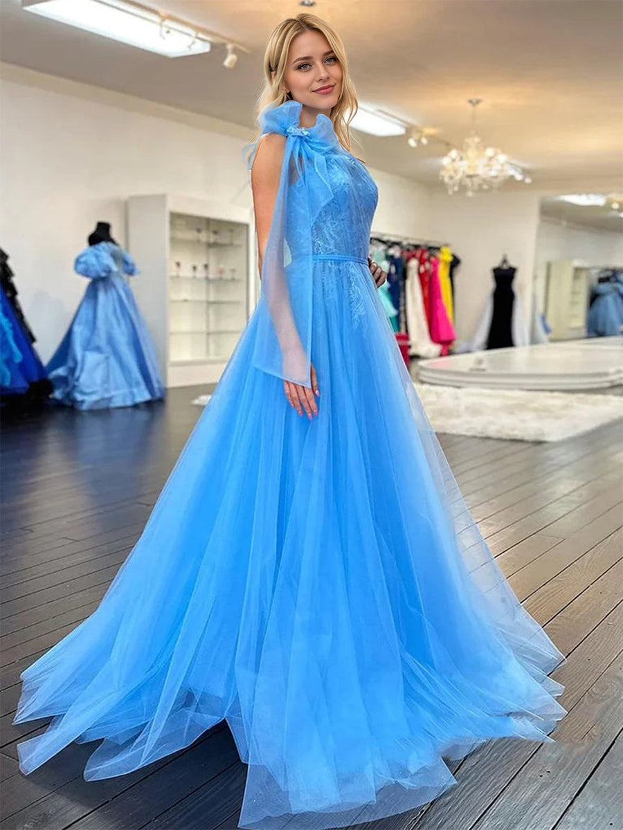 One-Shoulder Lace Ruched A-Line Tulle Prom Dress with Bow - View 3 | FashionDia