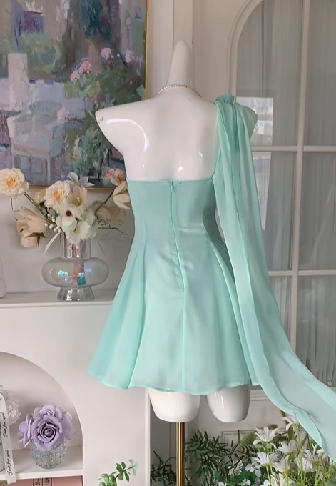 One Shoulder Mint Green Chiffon Short Homecoming Dress J10957