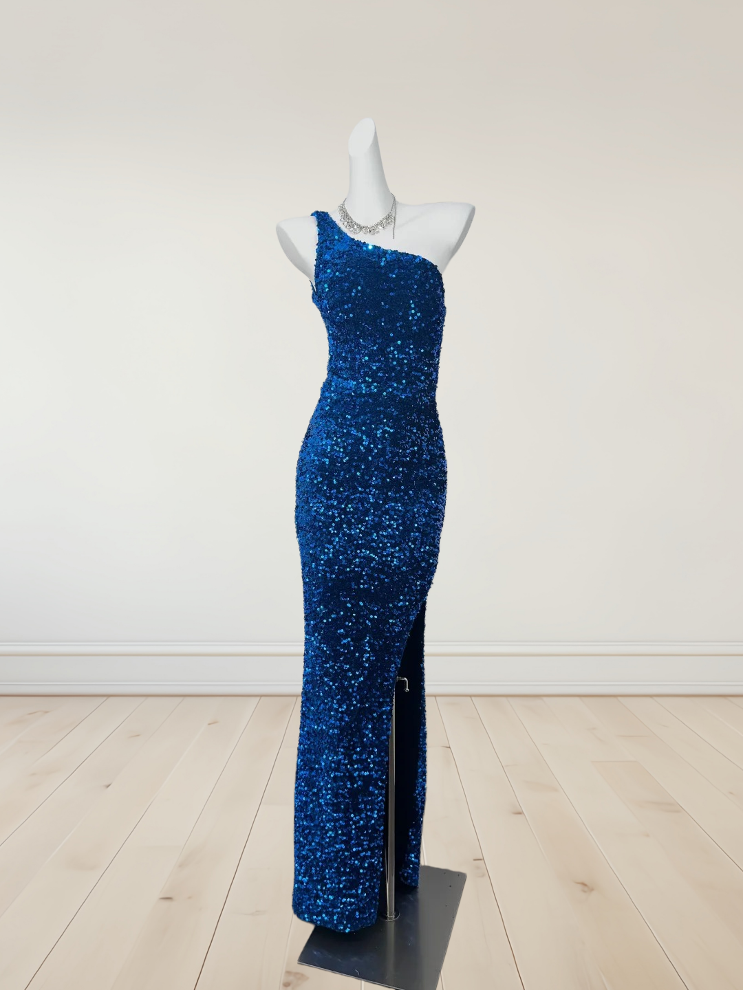 One-Shoulder Navy Blue Sequin Prom Dress Sheath Evening Dress