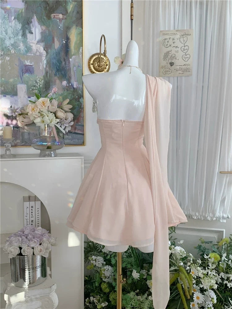 One Shoulder Pink Chiffon Homecoming Dress Short Party Dress J11487