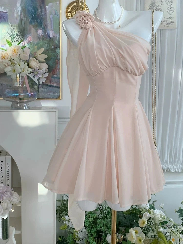 One Shoulder Pink Chiffon Homecoming Dress Short Party Dress J11487