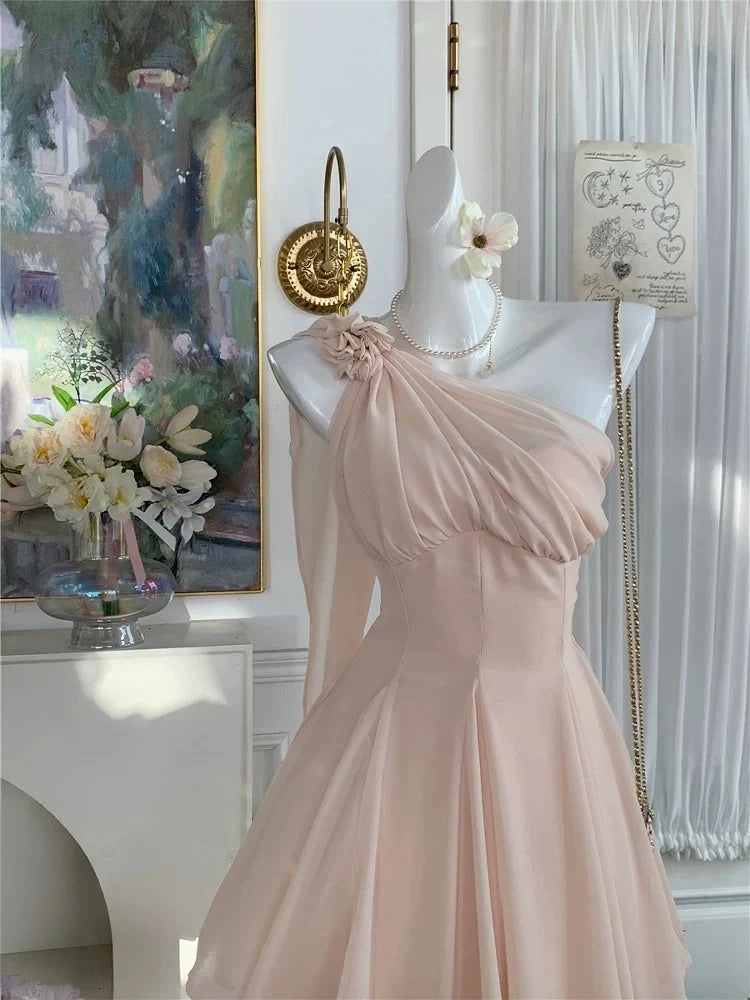 One Shoulder Pink Chiffon Homecoming Dress Short Party Dress J11487