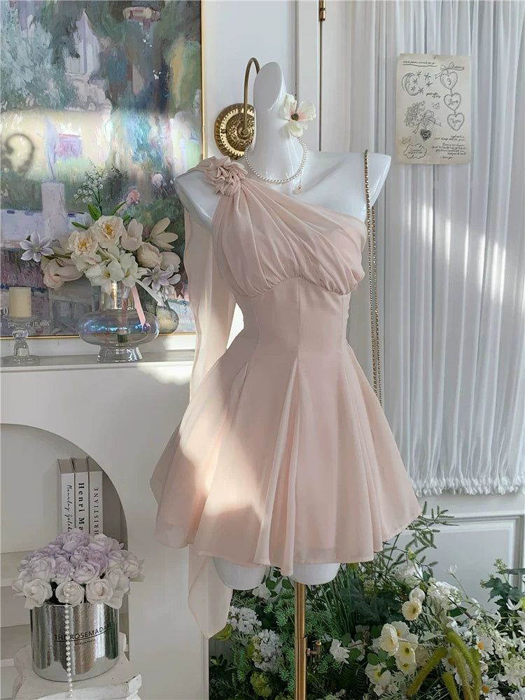 One Shoulder Pink Chiffon Homecoming Dress Short Party Dress J11487