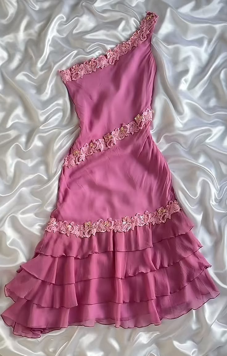 One-Shoulder Pink Chiffon Retro Prom Dress With Appliques