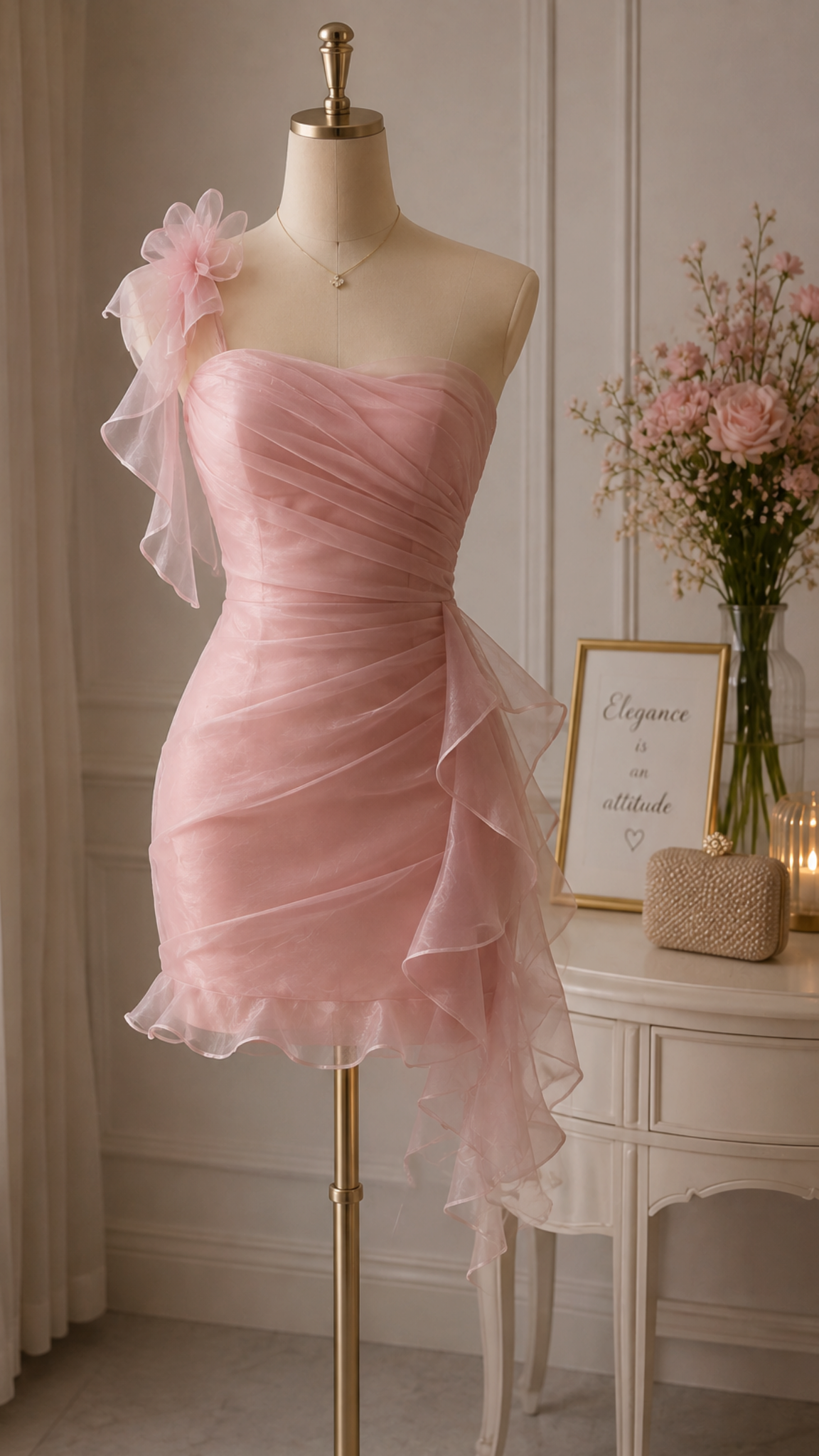 One-Shoulder Pink Organza Homecoming Dress Mini Birthday Dress