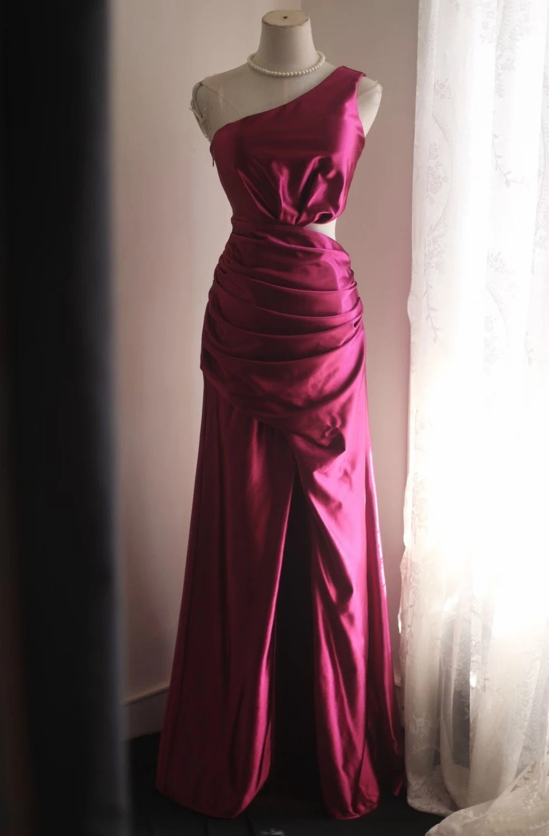 One-Shoulder Pink Satin Prom Dress Sheath Evening Dress
