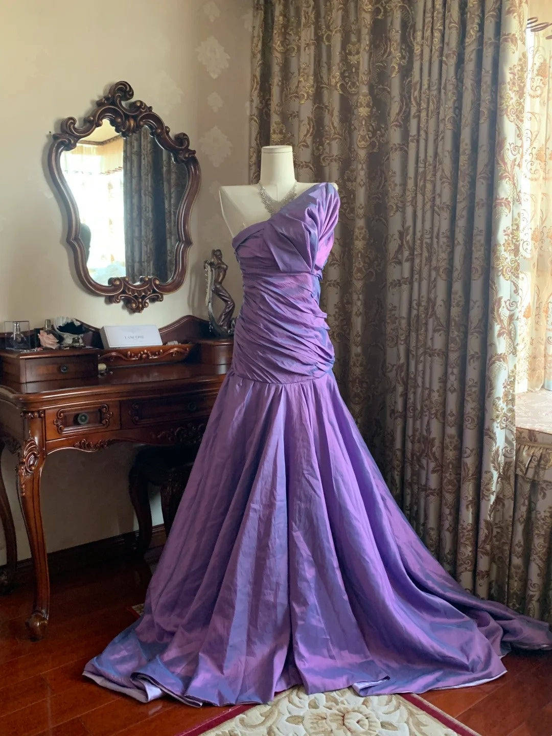 One-Shoulder Purple Taffeta Prom Dress A-Line Formal Evening Dress