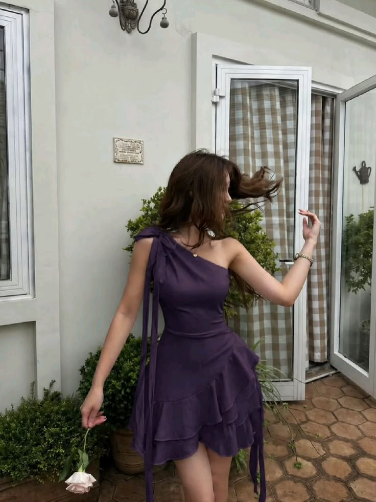 One-Shoulder Ruffled Purple Chiffon Homecoming Dress