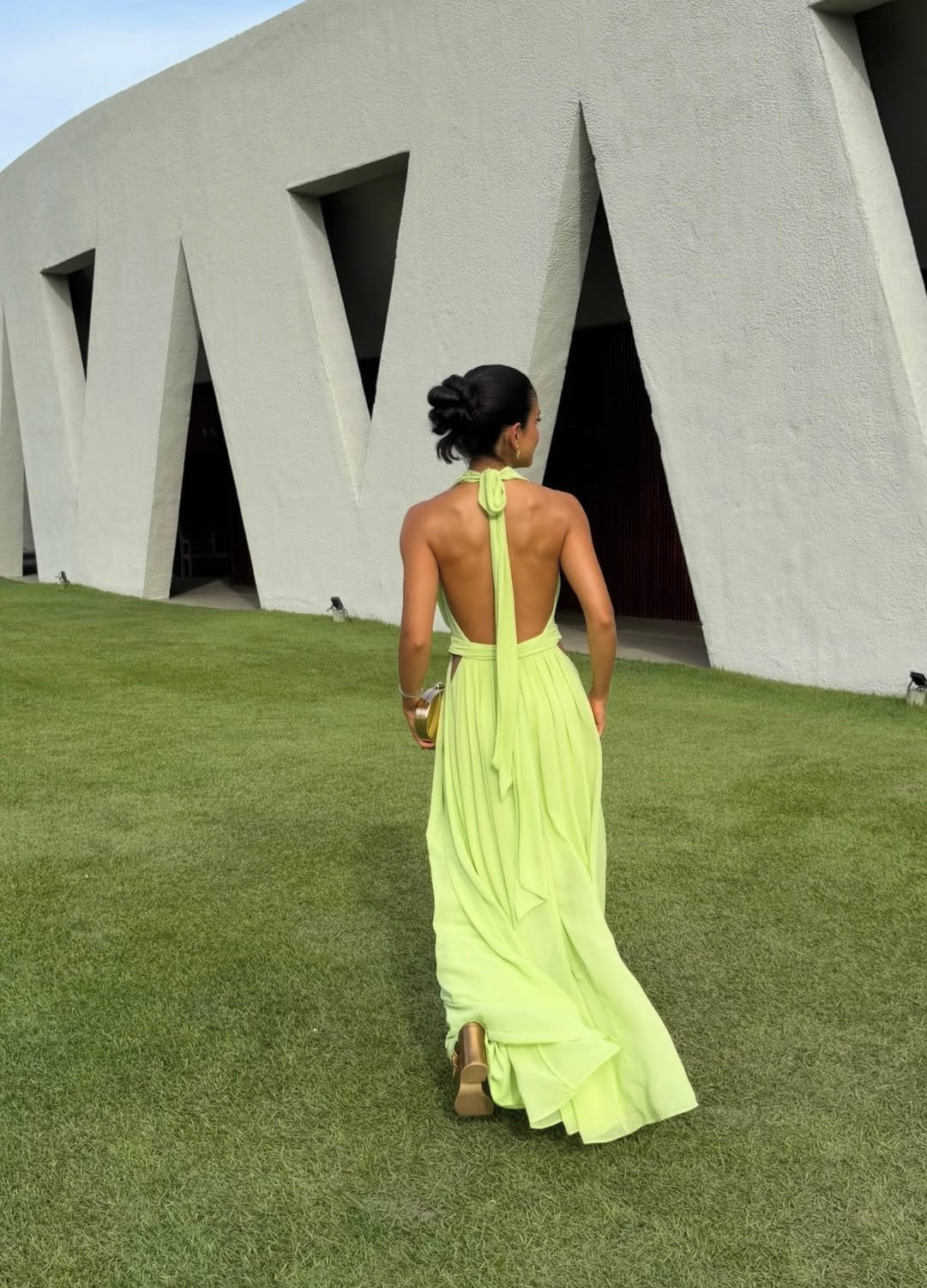 Open Back Green Chiffon Wedding Guest Dress J9947