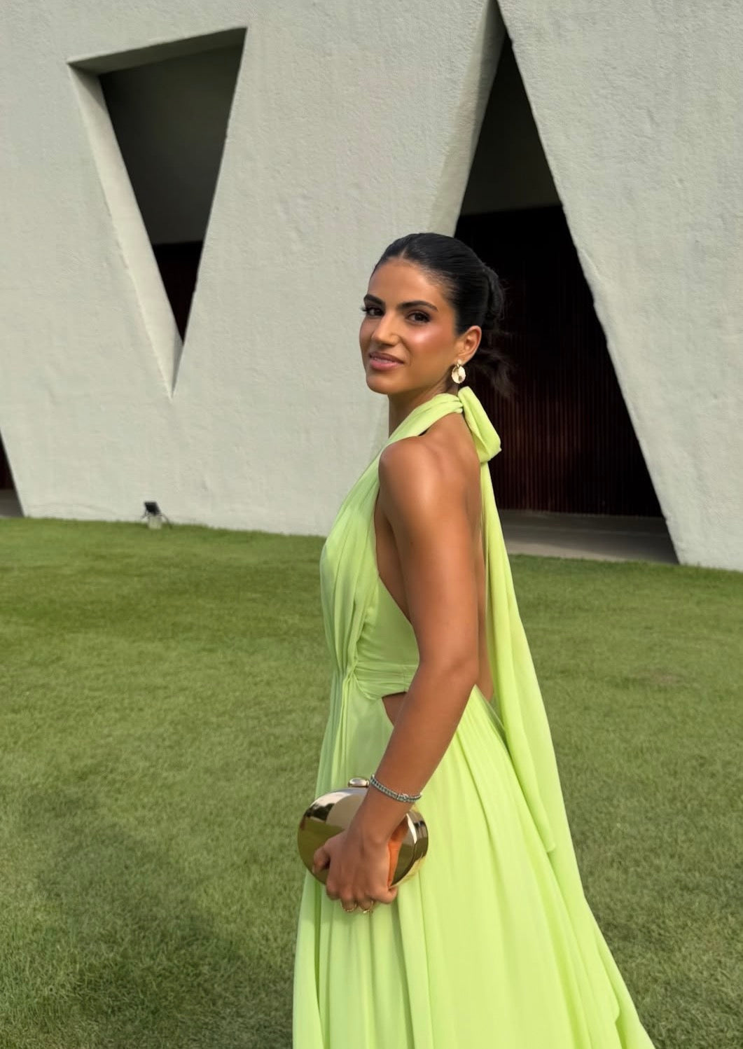 Open Back Green Chiffon Wedding Guest Dress J9947