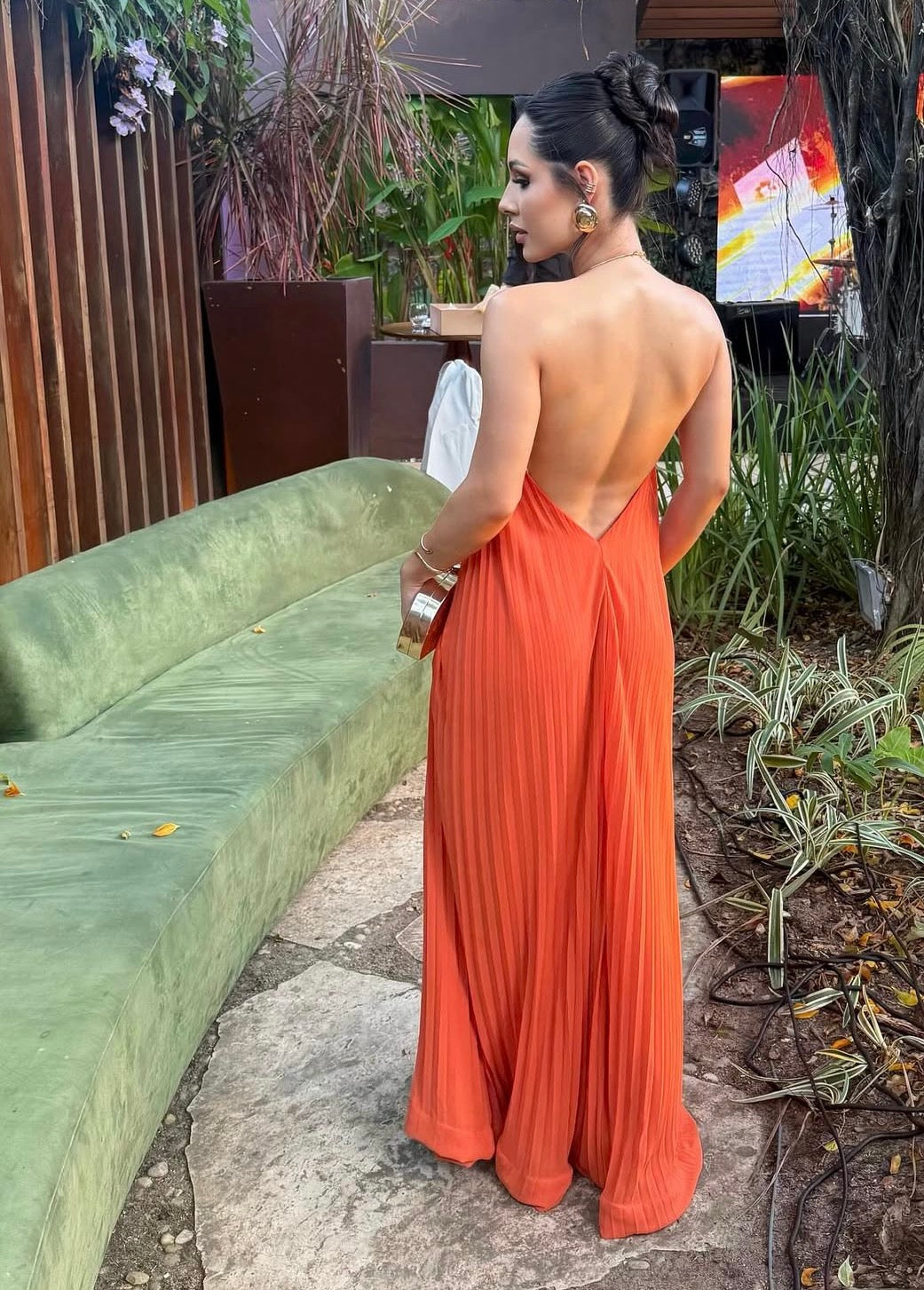 Open Back Orange Pleaded Wedding Guest Dress J10100