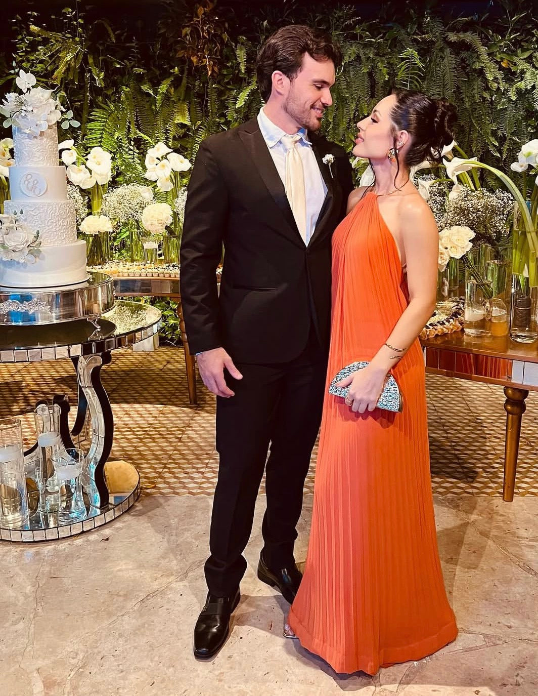 Open Back Orange Pleaded Wedding Guest Dress J10100