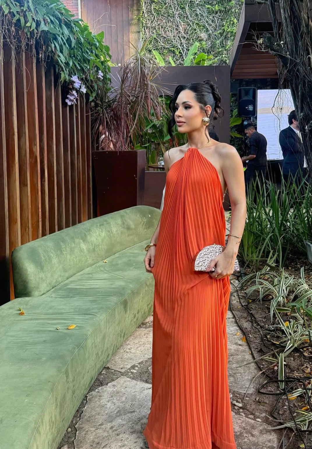 Open Back Orange Pleaded Wedding Guest Dress J10100