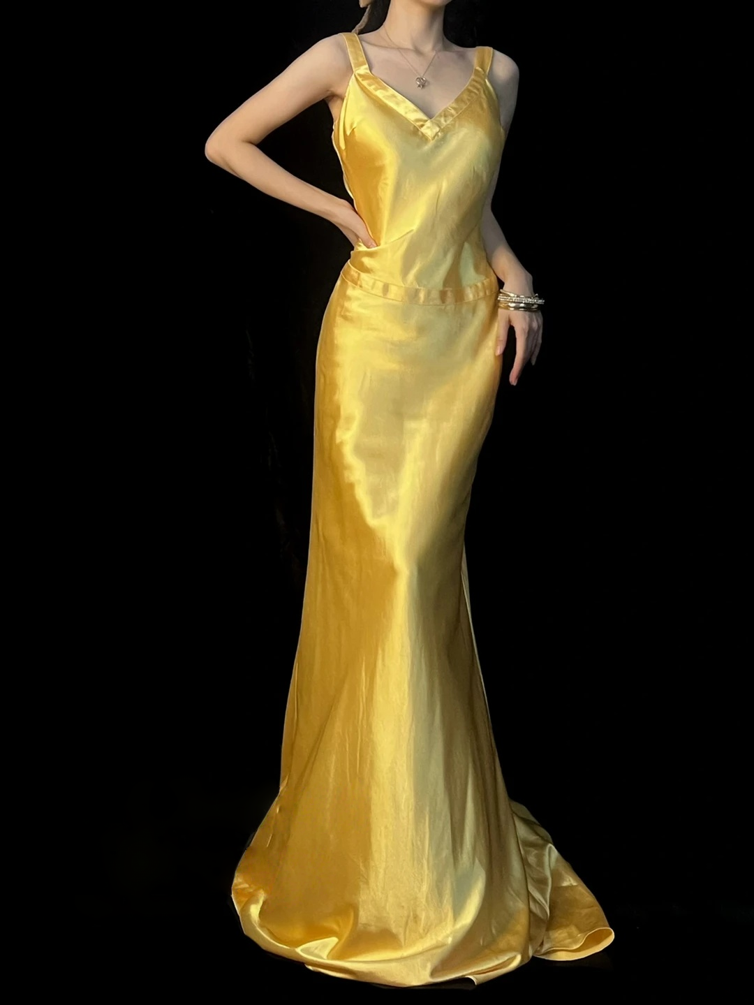 Open Back Yellow Satin Prom Dress Formal Evening Gown J10129