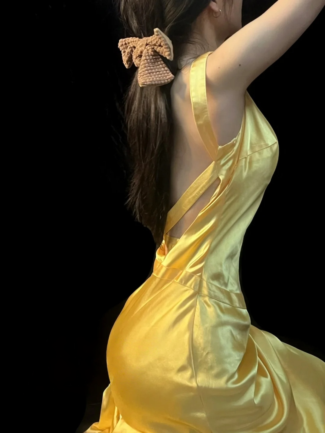 Open Back Yellow Satin Prom Dress Formal Evening Gown J10129